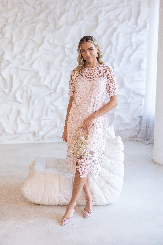 Guipure Lace Dress - Ice Pink Ruffled Lace Gown