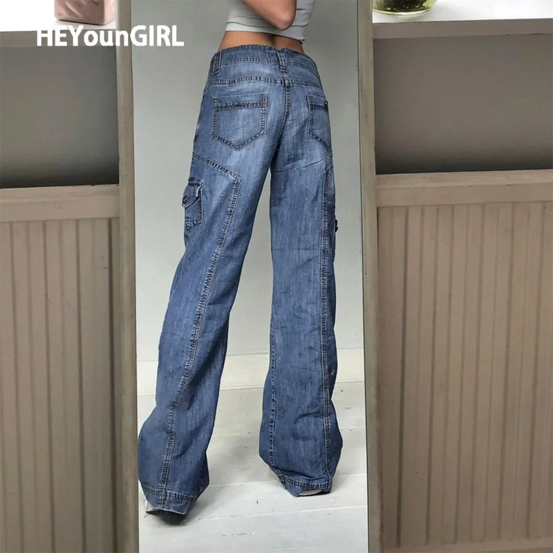 HEYounGIRL Boyfriend Vintage High WaistJeans for Women Harajuku Casual Baggy Pants Capris Pockets Blue Denim Trousers Autumn