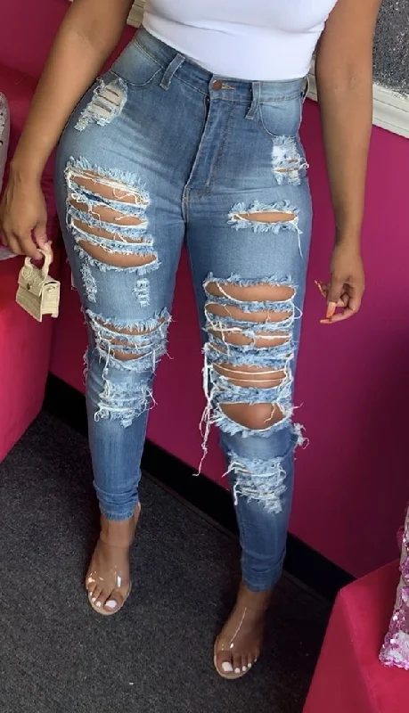 High Waist Ripped Jeans For Women Trendy Stretch Jeans Casual Denim Pencil Pants S-2XL drop shipping