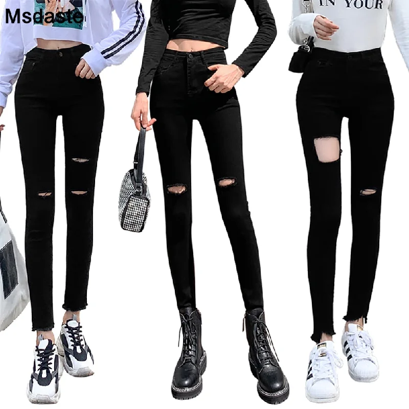 Jeans Pants Women Denim Holes Leggings Black Skinny Jean Trousers Autumn High Waist Casual Elastic Slim Jeans Pencil Pants