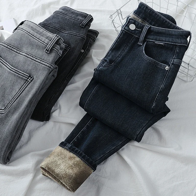 Korean Warm Winter Fleece Jeans Women High Waist Skinny Slim Elastic Pencil Pants Casual Plus Velvet Thick Denim Pants