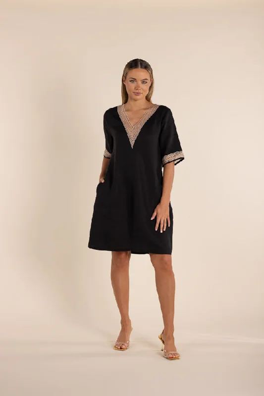 Lace Trim Linen Dress  - Black Lace Overlay Dress