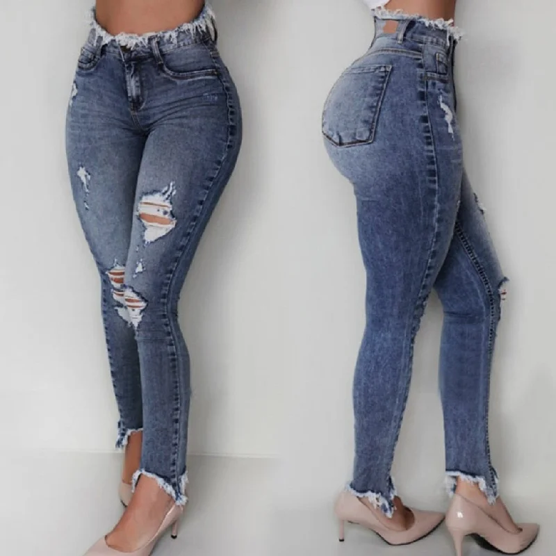 Ladies Jeans Trousers Casual Jeans Slim Fit Female Ripped Fringe Irregular Trousers Jeans Non-stretch Ripped Holes Pants