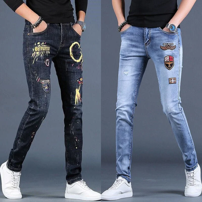 Men’s Light  Embroidery Badge Jeans,Prints Slim-fit Stretch Blue Jeans, Scratches&Ripped Casual Denim Pants;