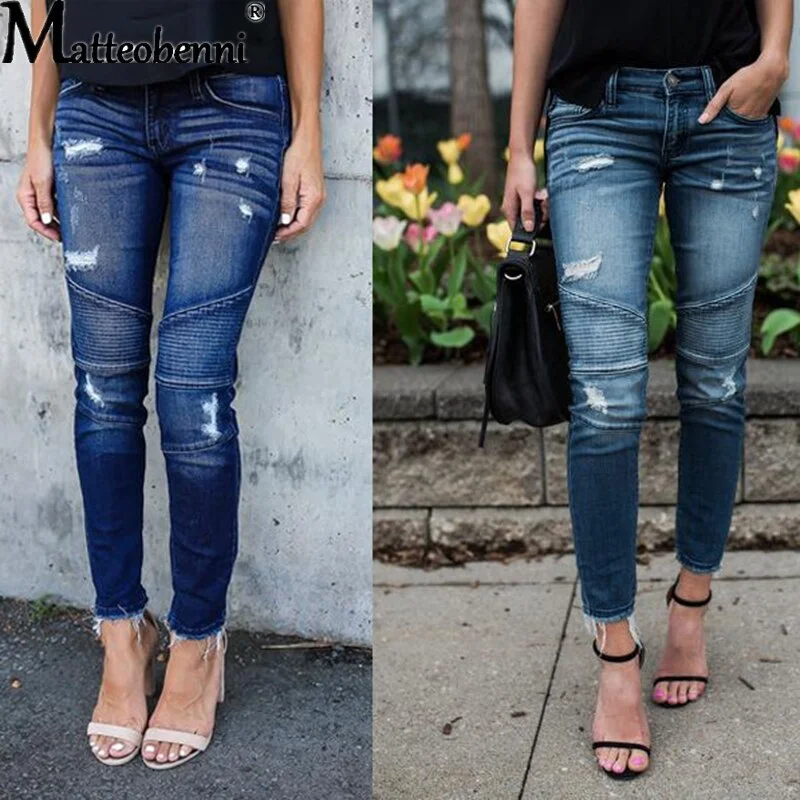 Mid Waist Skinny Jeans Women Vintage Distressed Denim Pants Autumn Crimped Destroyed Pencil Pants Casual Ripped Jeans