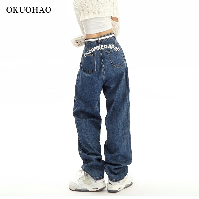 Okuohao Wide Leg Jeans Women Printed Streetwear Denim Pants High Waist Loose Wash Blue Mom Jeans Straight Casual Trouser