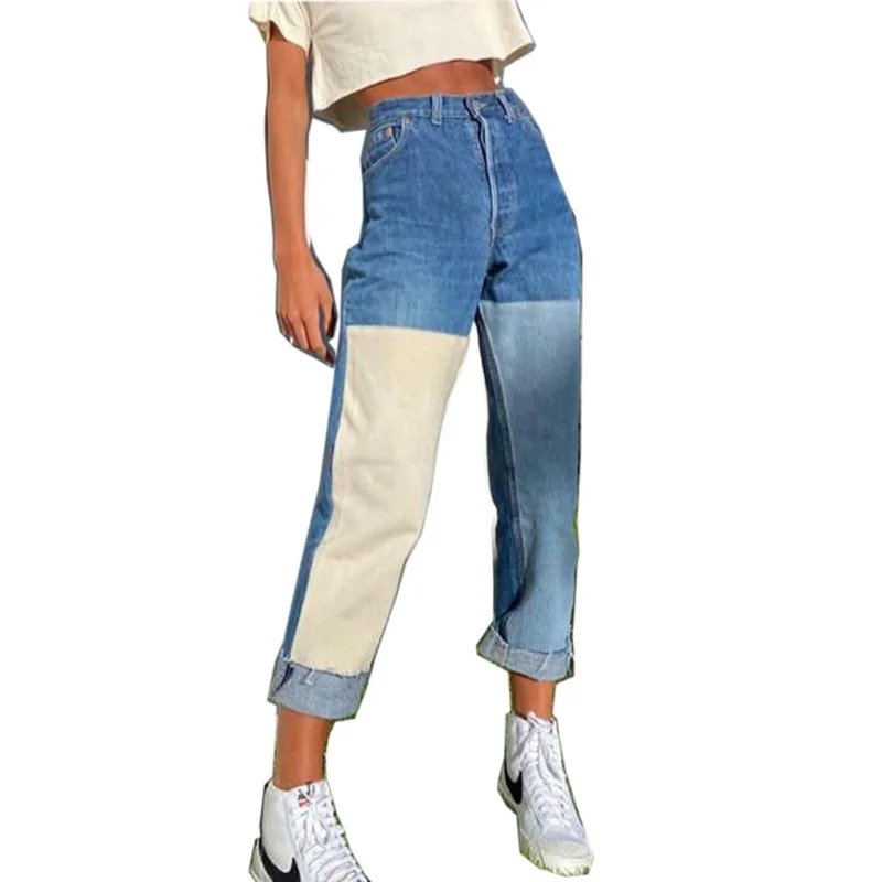 Patchwork Casual Blue Straight Long Jeans Pants Women Skinny Slim Elegant High Waist Denim Trousers Ladies Autumn