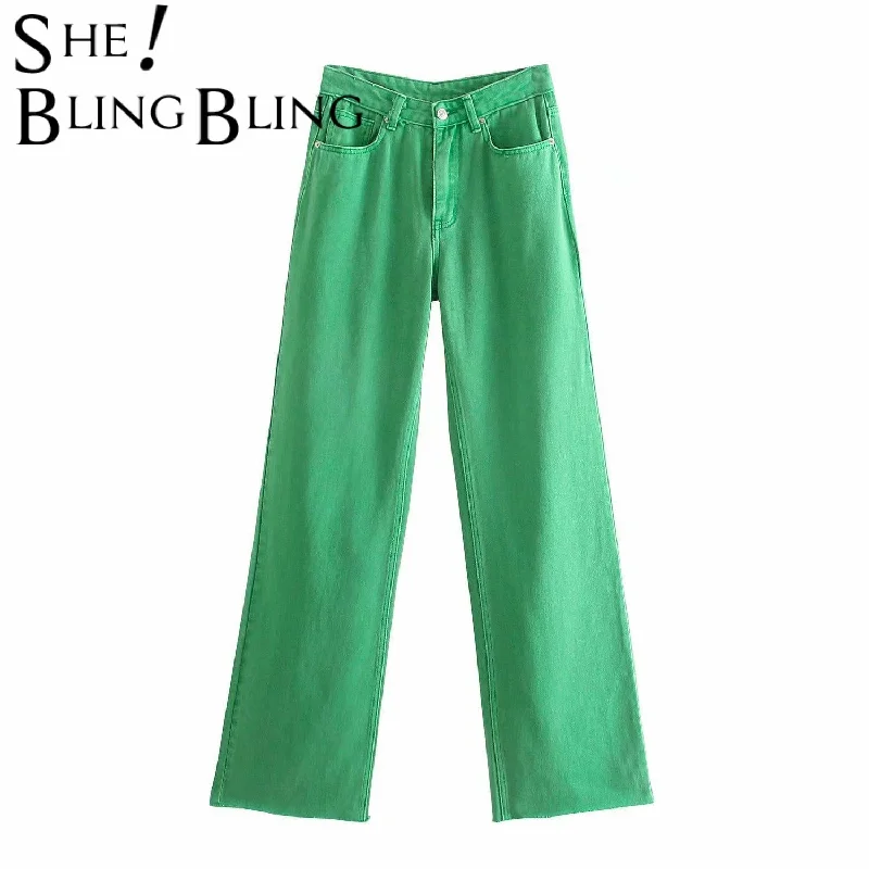 SheBlingBling 2022 ZA Summer Autumn Women Colored Jean Raw Hem High Waist Full Length Casual Straight Denim Pants Green Female