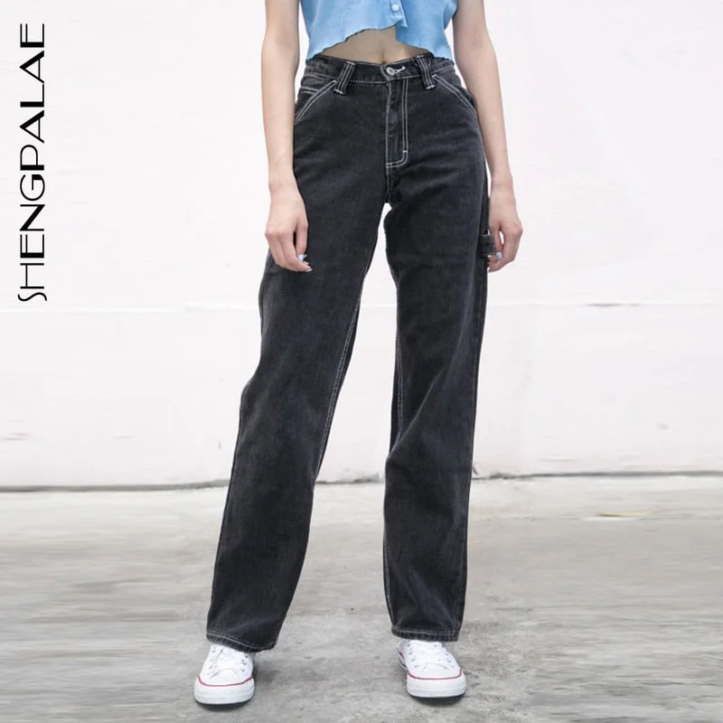 SHENGPALAE 2022 Summer Casual Jeans Woman Long Trousers Cowboy Female Loose Streetwear High Waist Straight Pants ZA3972