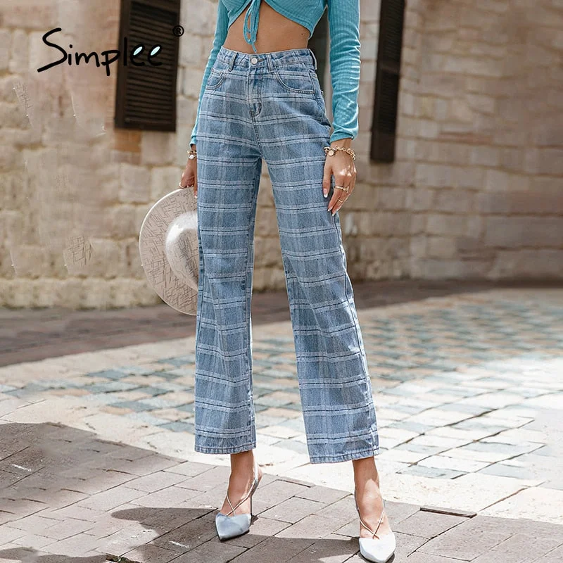 Simplee Casual cotton high waist vintage female jeans autumn Office pocket women plaid pants solid  Straight denim blue trousers