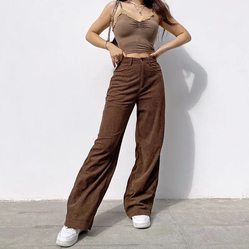 Waatfaak Casual Winter Wide Leg Pants Women High Waist Baggy Brown Corduroy Pants Korean Loose Vintage Pants 90S Harajuku 2022