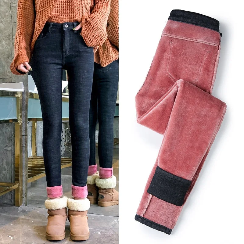 Winter Female Thick pink Fleece Warm Skinny Jeans trousers Women High waist Stretch Solid color casual Denim Pencil Pants