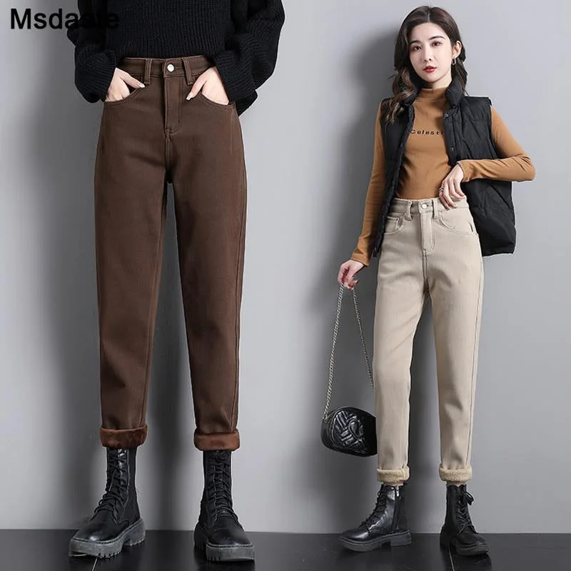 Winter Jeans Women Stretchy Elastic High Waist Casual Velvet Thick Warm Pencil Pants Cotton Trousers Ankle-length Woman Jeans