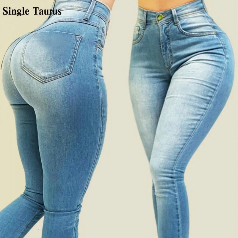 Womans High Waist Jeans Streetwear Casual Push Up Elasticity Slim Shaping Jeans Blue Denim Pants Clothes for Women 2022