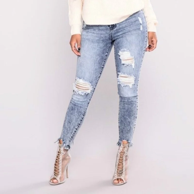 Woman's Jeans Stretch Skinny Ripped Hole Trousers Casual Slim Jeggings Ladies Pencil Pants Washed Denim Pants for Women