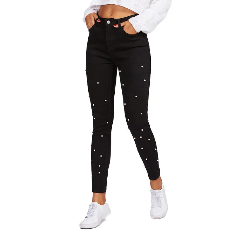 Women Black Jeans High Waist pearl beaded jeans for women casual skinny butt Push Up jeans Denim Pencil Pants