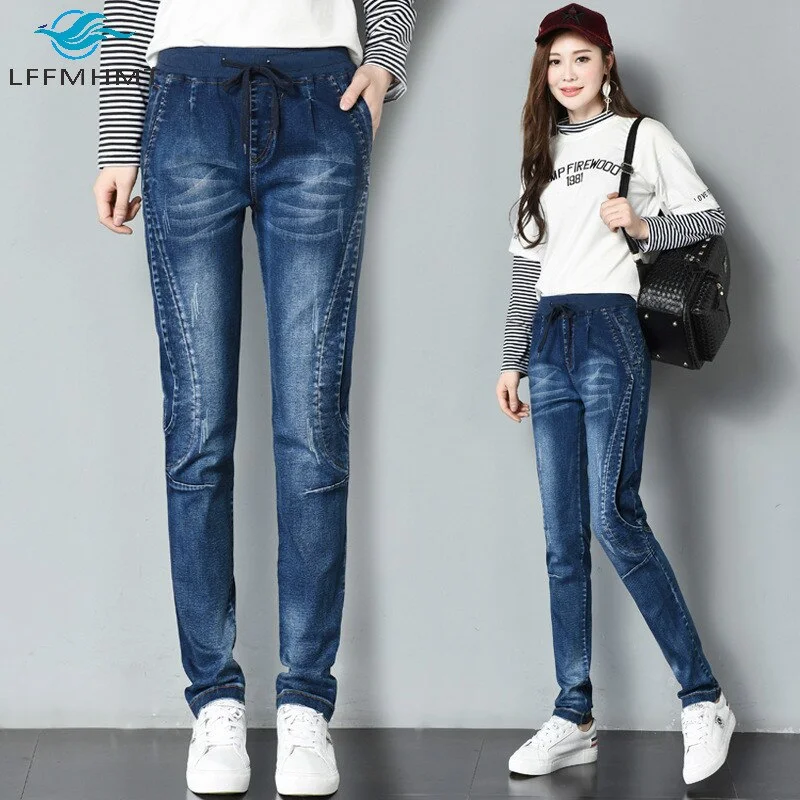 Women Denim Pants Autumn Korean Style Solid Color Patchwork Elastic High Waist 100kg Oversize Casual Slim Fit Jeans