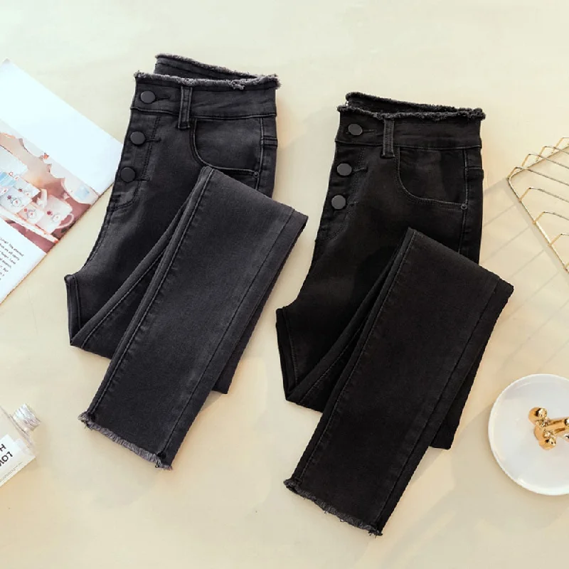 Women High Waist Casual Mom Jeans Tassel Breasted Skinny Pencil Pants Vintage Stretch Black Gray Denim Pants No Velvet & Velvet