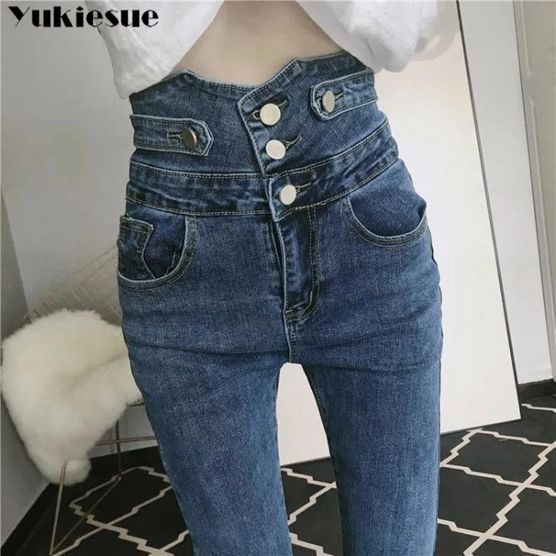 Women High Waist Elastic Skinny Denim Pencil Pants Mom Jeans Camisa Feminina Ladies Slim Casual Cropped pants Female Streetwear