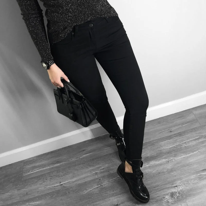 women jeans skinny basic style casual solid color denim pants Slim black stretch jeans