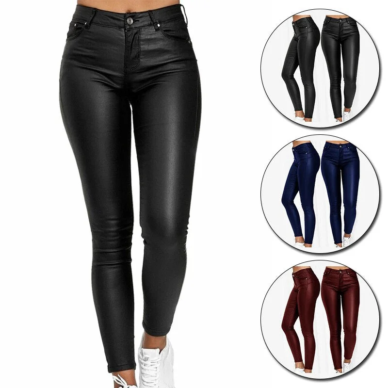 Women's Pencil Pants Faux Leather Pu Long Trousers Casual Sexy Tight-Fitting Female Stretch High-Waist Pants Pure Color