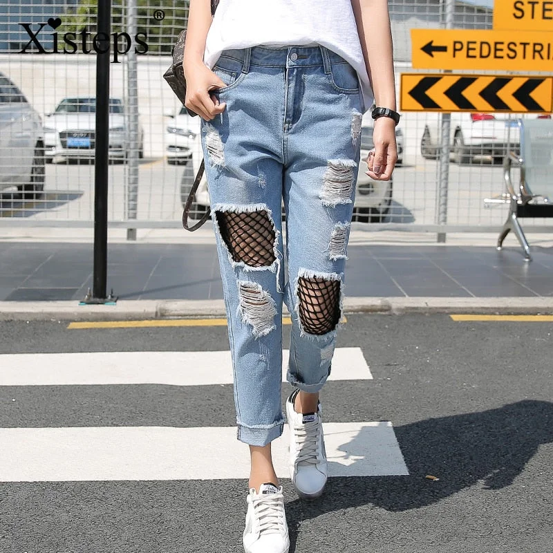 Xisteps 2022 Autumn Women Jeans Black Fishing Net Big Hole Ripped Streetwear Denim Pants Girl Boyfriend Wash Casual Trousers