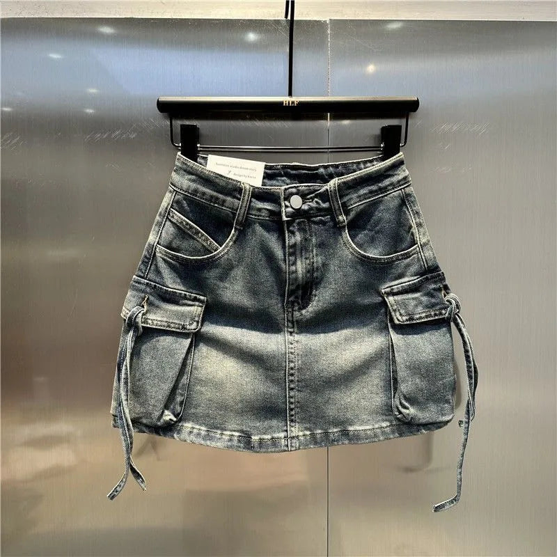 2024 New Fashion Three Dimensional Strap Pocket Wash High Tooling Denim Skirt Women Y2K Summer Vintage Casual Joker A Skirt Casual High-waisted Denim