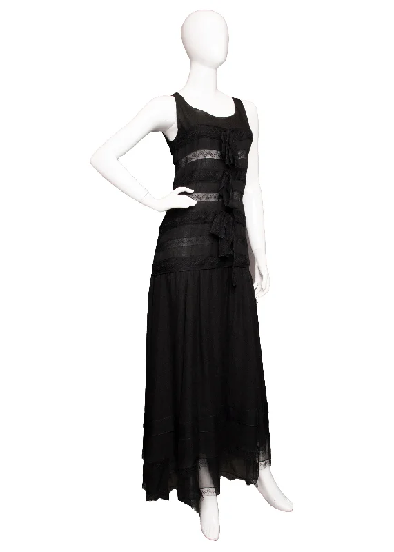 90s Chanel Silk & Lace Black Dress S Lace Shift Dress