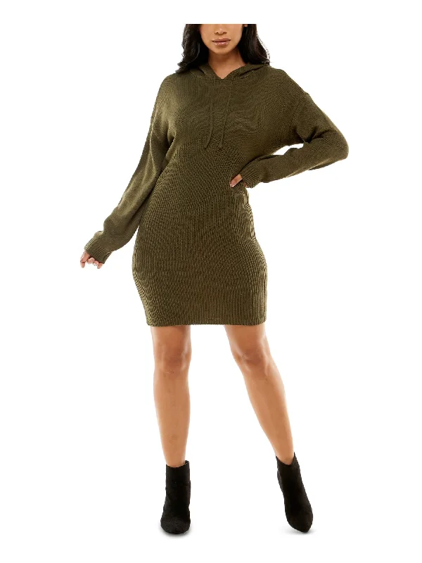 ALMOST FAMOUS Womens Green Ribbed Hoodie Unlined Long Sleeve Short Sweater Dress Comfortable Sweater Dress