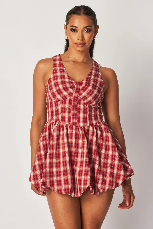 Annemarie Plaid Sleeveless Mini Bubble Skirt Dress Pleated Denim Skirt