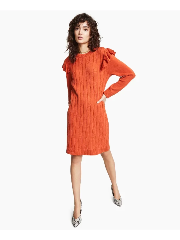 BAR III Womens Ruffled Long Sleeve Crew Neck Above The Knee Sweater Dress Fashion Sweater Dress