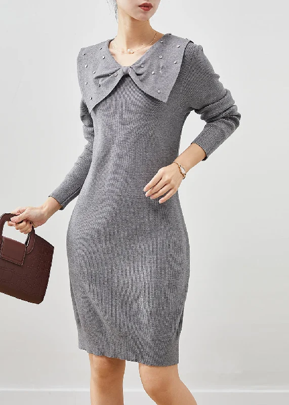 Beautiful Grey Butterfly Collar Silm Fit Knit Sweater Dress Spring Sweater Dress Casual