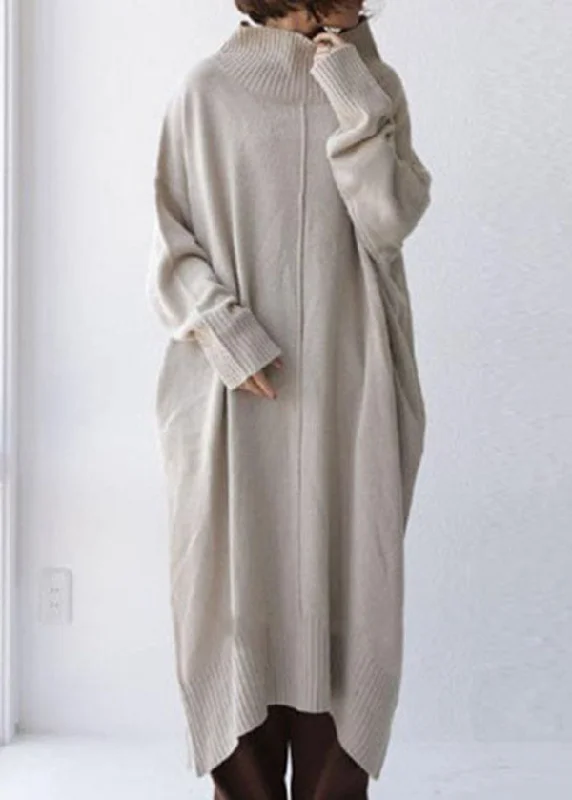 Boutique Beige High Neck Oversized Knit Sweater Dress Spring Knit Sweater Gown