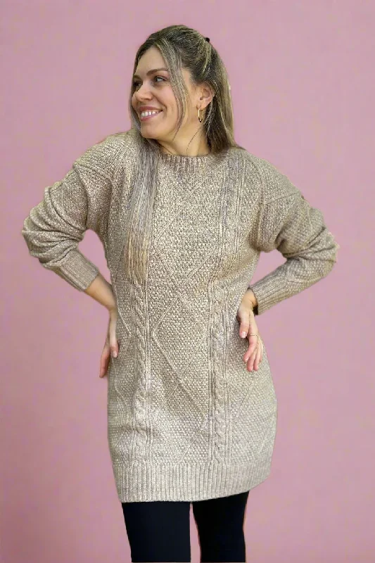 Cable Knit Sweater Dress Taupe Cozy Sweater Gown