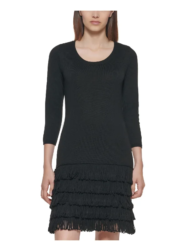 CALVIN KLEIN Womens 3/4 Sleeve Scoop Neck Above The Knee Evening Sweater Dress Slim Fit Sweater Dress