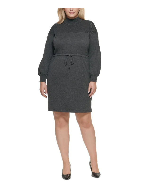 CALVIN KLEIN Womens Ribbed Long Sleeve Mock Neck Above The Knee Wear To Work Sweater Dress Winter Knit Dress