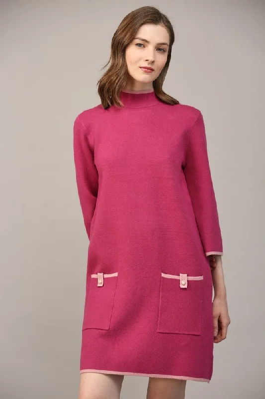 Contrast Color Knit Mock Neck Sweater Dress Berry Warm Knit Sweater