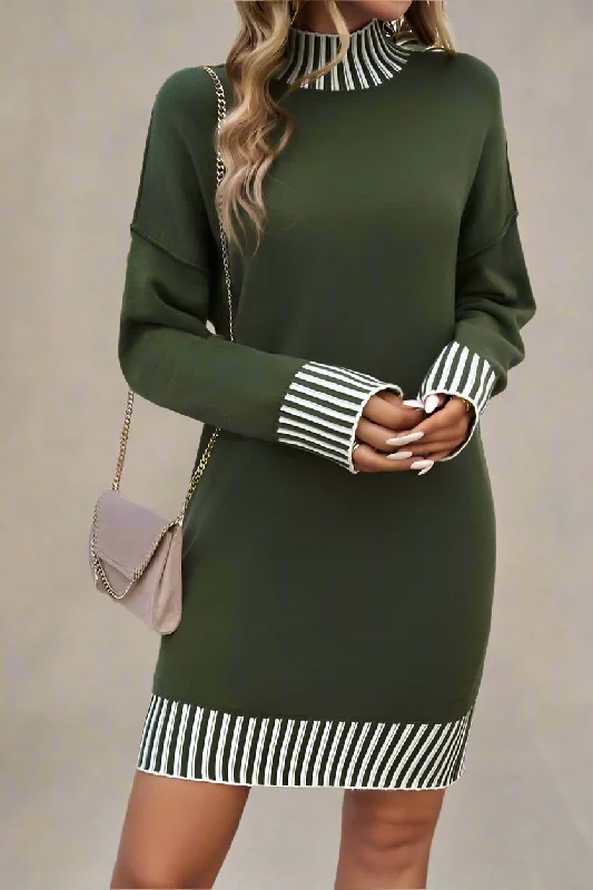 Contrast Trim Sweater Dress Olive Knit Bodycon Sweater