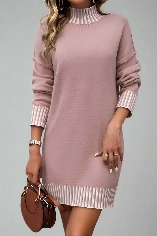 Contrast Trim Sweater Dress Pink Sweater Dress Elegant