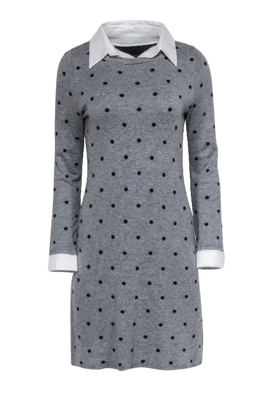 Cynthia Rowley - Grey & Black Polka Dot Collared Sweater Dress Sz M Simple Knit Sweater