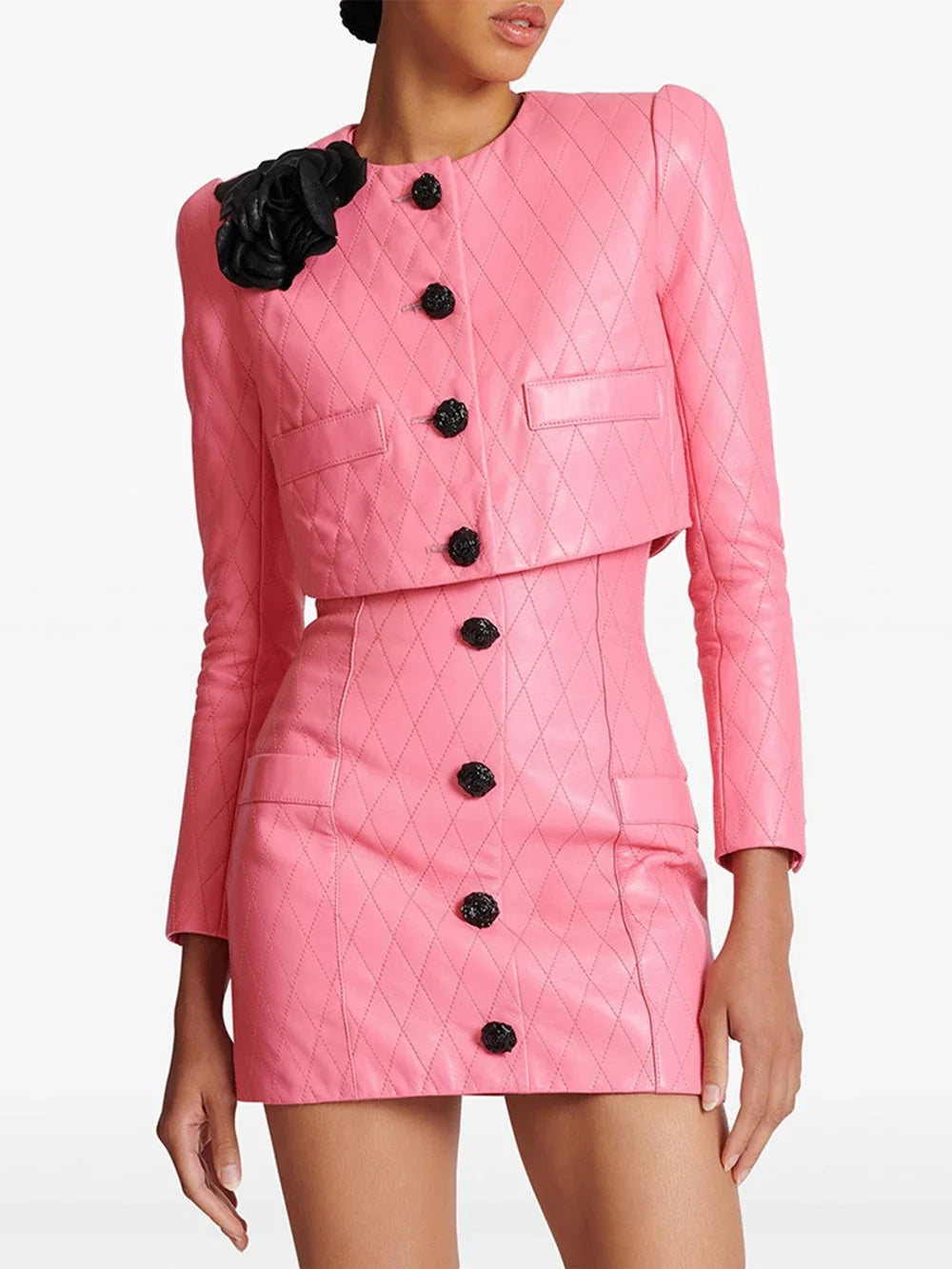 Pink Diamond Quilted Short Leather Jacket Leather Mini Skirt Faded Denim Skirt