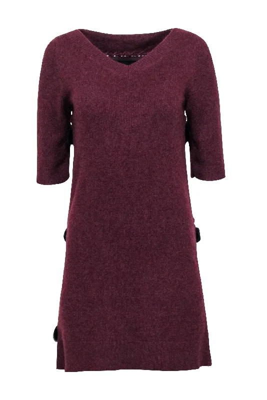 Fendi - Maroon Cashmere Sweater Dress w/ Fur Front Detail Sz 4 Casual Knit Sweater