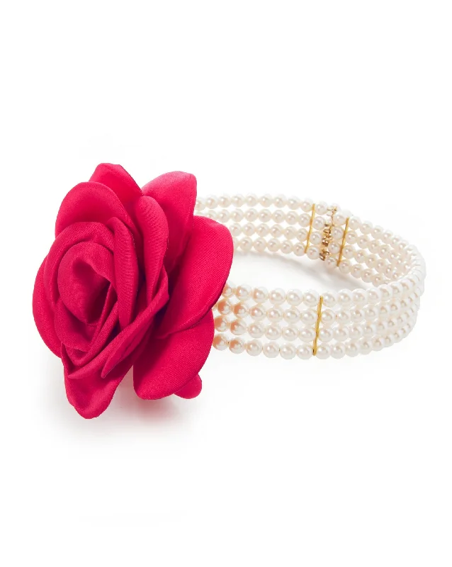 Floral Rosette Pearl Choker Necklace White/Red Lace A-line Dress