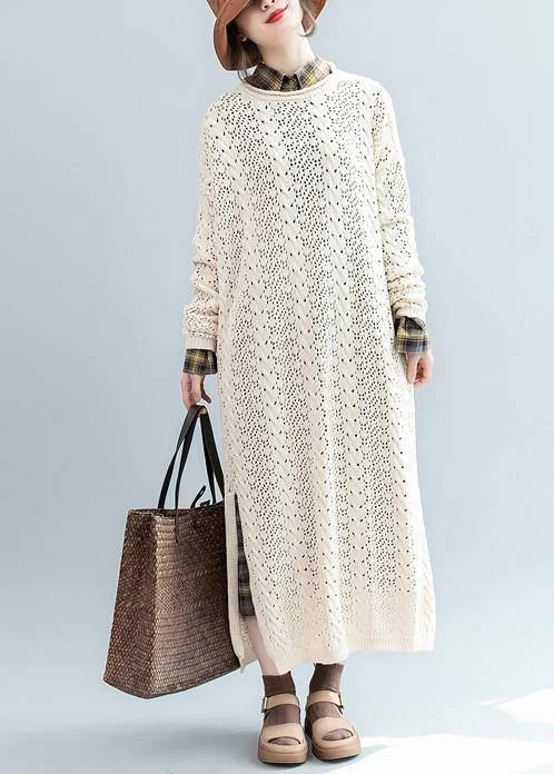 For Spring beige Sweater weather Street Style o neck hollow out Mujer knit dresses Slouchy Sweater Dress