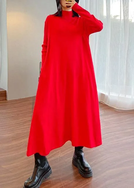 For Spring high neck large hem Sweater fall dress outfit Refashion red Big sweater dresses Flared Sweater Dress