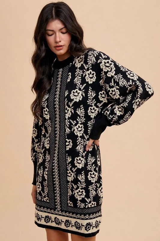 Jacquard  Sweater Dress Black Stretch Sweater Dress