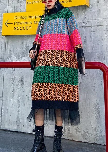 Knitted rainbow Sweater dress outfit Beautiful o neck spring sweater dress Simple Sweater Dress