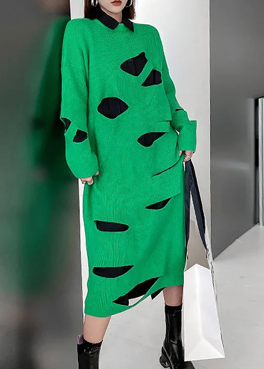 Novelty Green O-Neck cozy Knit Sweater Dress Spring Chic Knit Dress