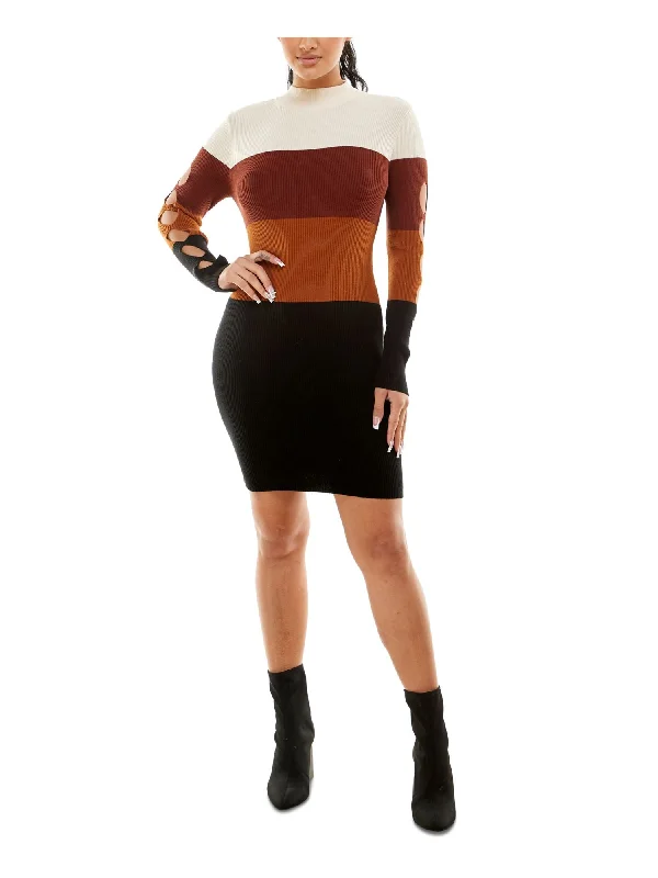 PLANET GOLD Womens Brown Striped Long Sleeve Mock Neck Above The Knee Sweater Dress Long Knit Sweater Dress