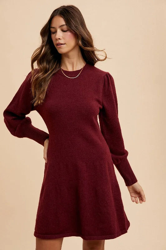 Puff Sleeve Solid Sweater Dress Burgundy Sweater Dress with Pockets